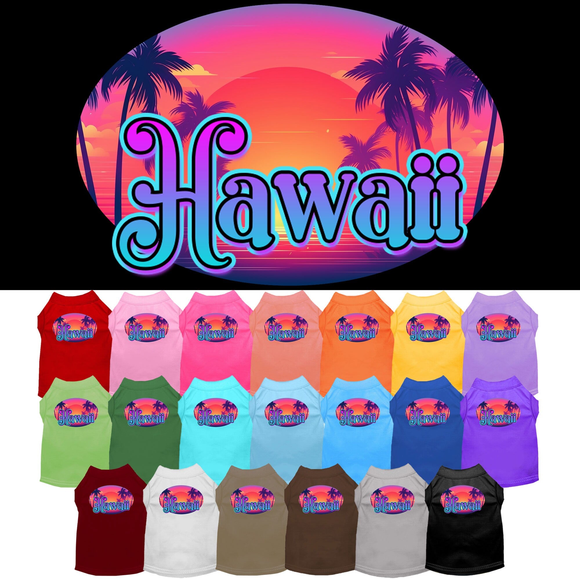 A medium to large pet wearing a colorful screen printed shirt featuring a Hawaii beach design, showcasing comfort and style.
