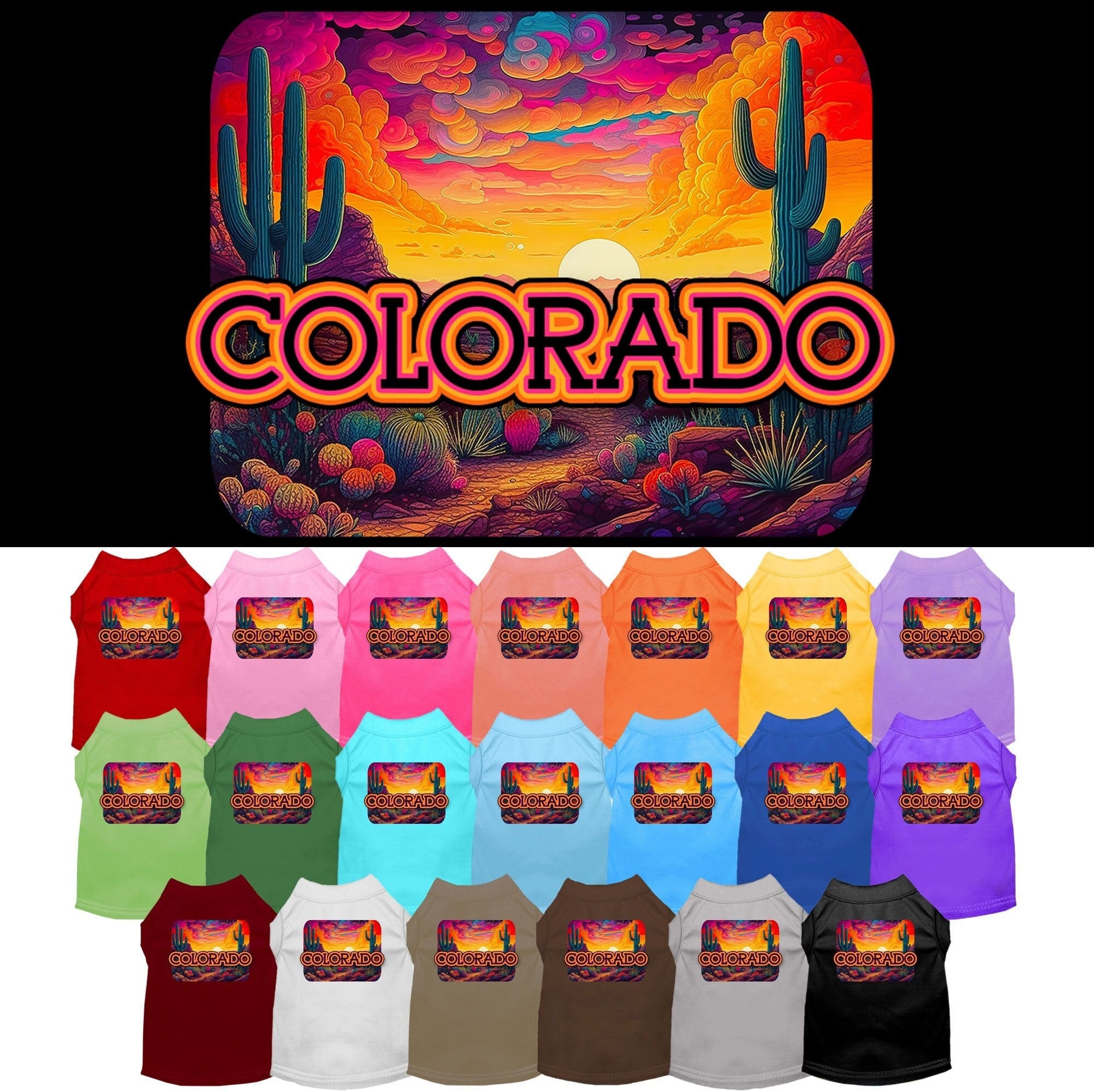 A vibrant Colorado Neon Desert screen printed shirt for medium to large dogs and cats, showcasing its soft fabric and double-stitched seams.