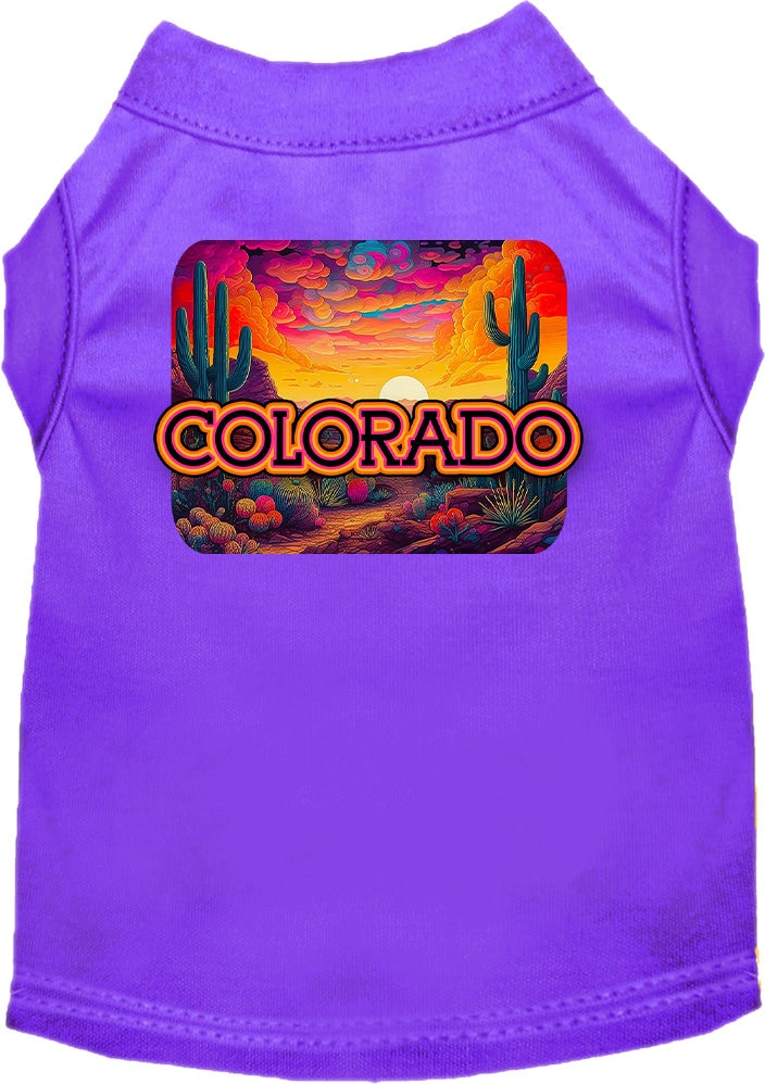 A vibrant Colorado Neon Desert screen printed shirt for medium to large dogs and cats, showcasing its soft fabric and double-stitched seams.