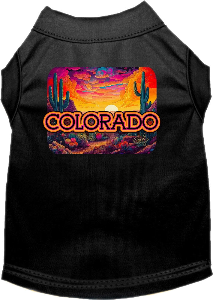 A vibrant Colorado Neon Desert screen printed shirt for medium to large dogs and cats, showcasing its soft fabric and double-stitched seams.