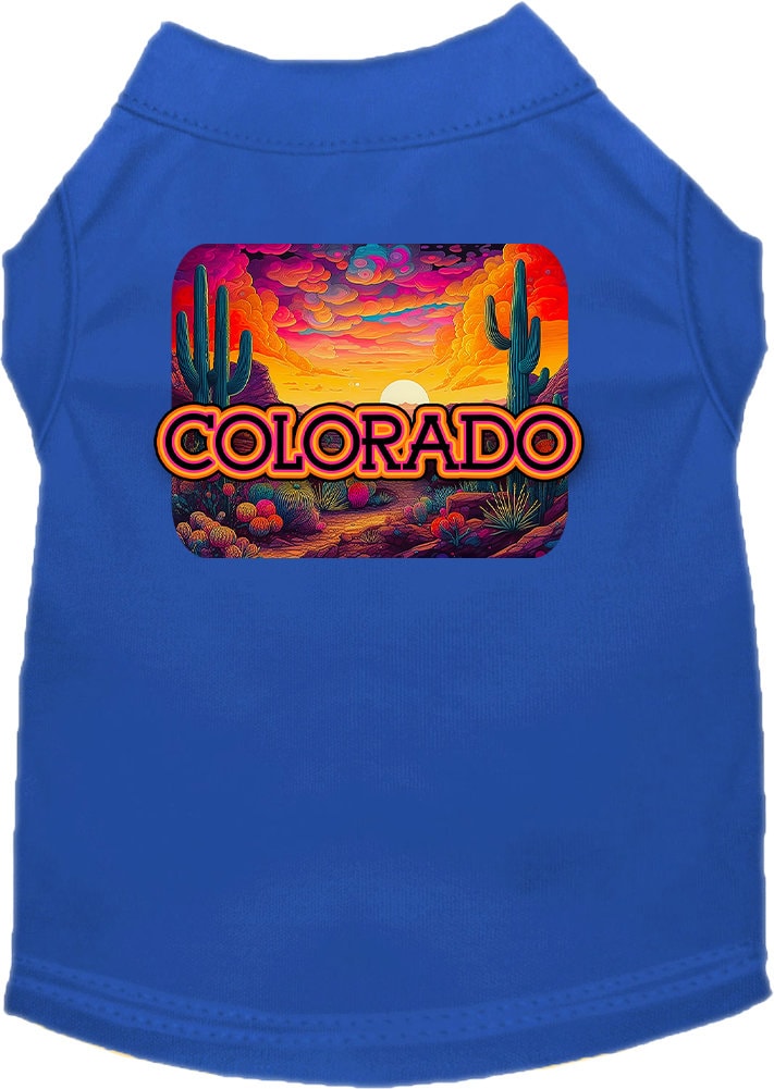 A vibrant Colorado Neon Desert screen printed shirt for medium to large dogs and cats, showcasing its soft fabric and double-stitched seams.