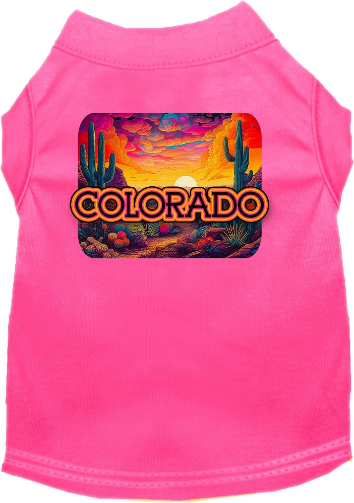 A vibrant Colorado Neon Desert screen printed shirt for medium to large dogs and cats, showcasing its soft fabric and double-stitched seams.