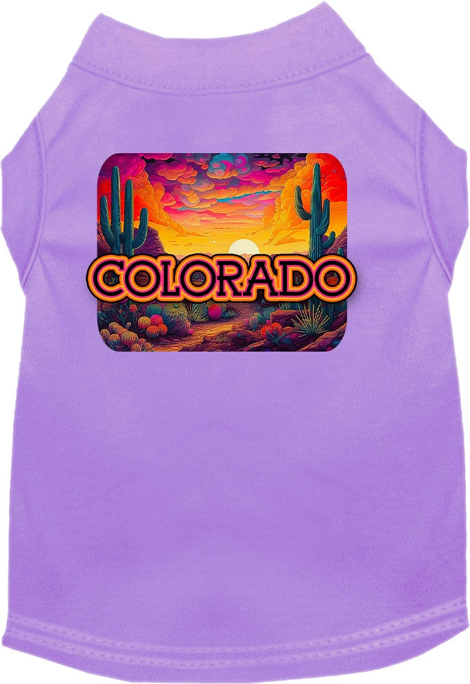 A vibrant Colorado Neon Desert screen printed shirt for medium to large dogs and cats, showcasing its soft fabric and double-stitched seams.
