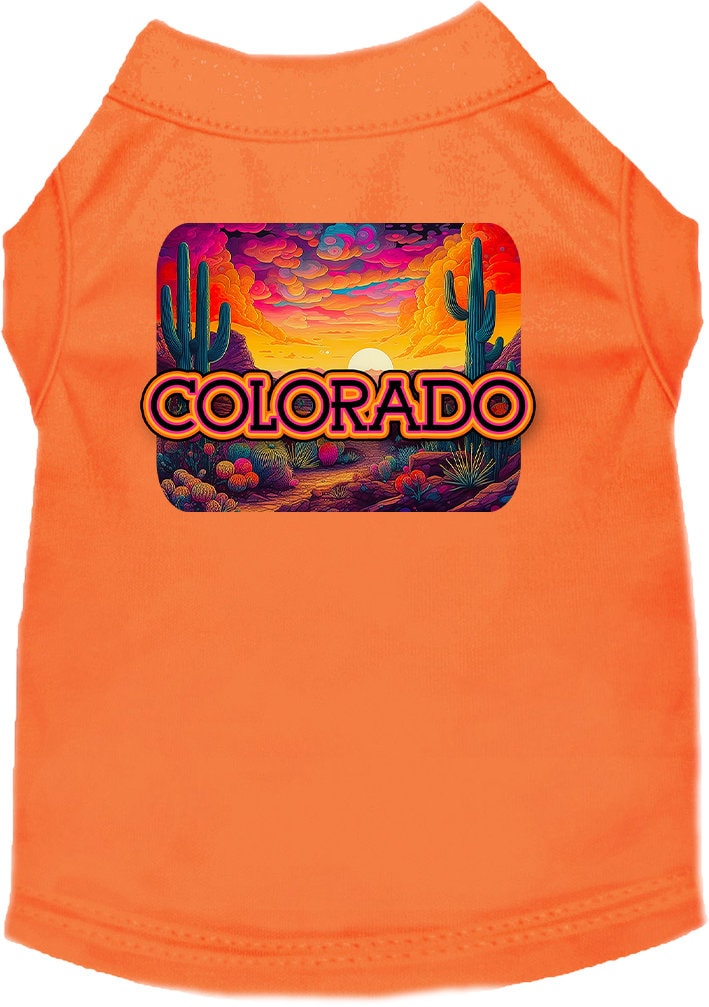A vibrant Colorado Neon Desert screen printed shirt for medium to large dogs and cats, showcasing its soft fabric and double-stitched seams.