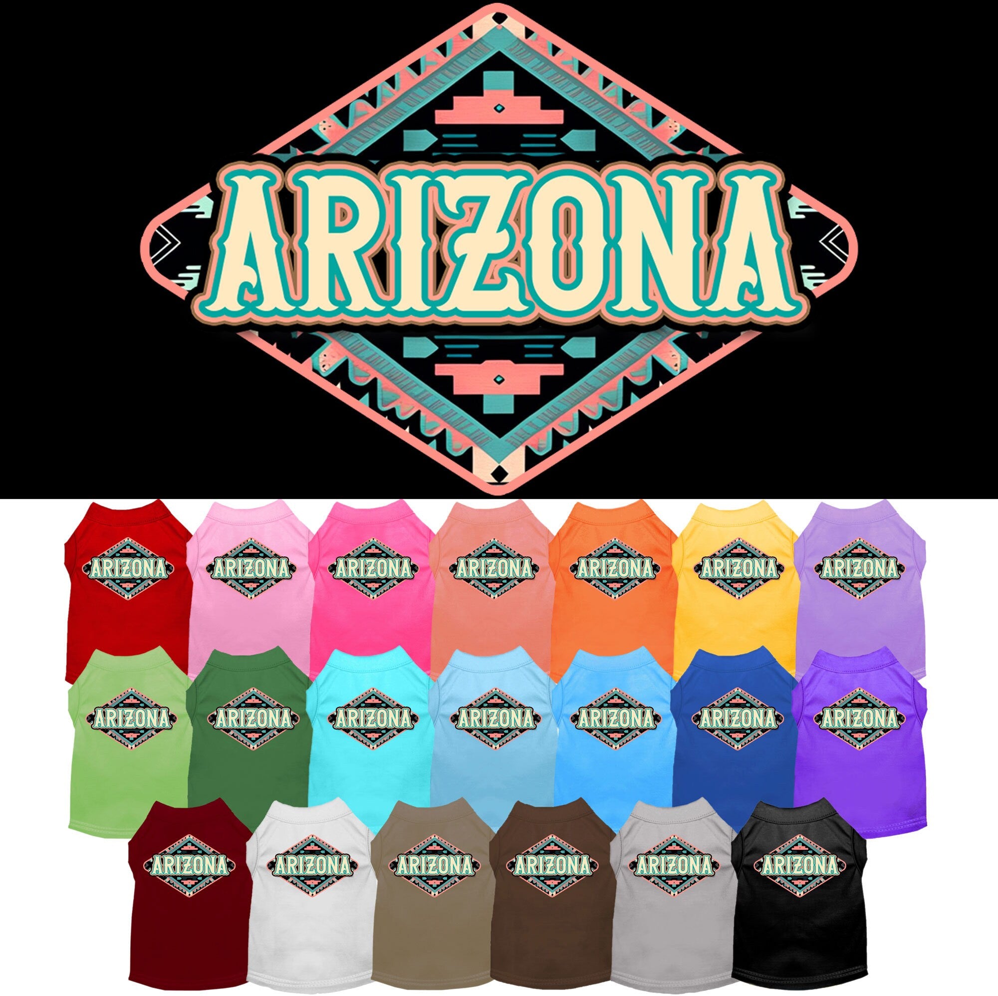 A medium to large pet wearing a stylish Arizona Peach Aztec screen printed shirt, showcasing its vibrant colors and comfortable fit.
