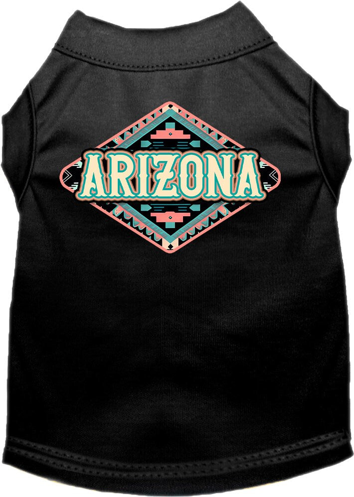 A medium to large pet wearing a stylish Arizona Peach Aztec screen printed shirt, showcasing its vibrant colors and comfortable fit.