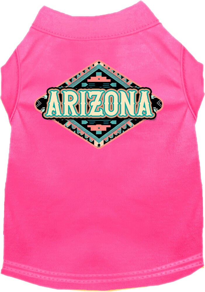 A medium to large pet wearing a stylish Arizona Peach Aztec screen printed shirt, showcasing its vibrant colors and comfortable fit.