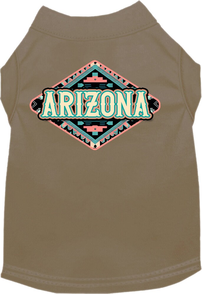 A medium to large pet wearing a stylish Arizona Peach Aztec screen printed shirt, showcasing its vibrant colors and comfortable fit.