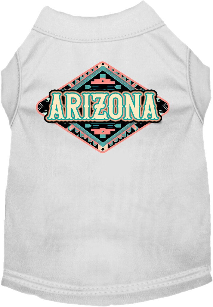 A medium to large pet wearing a stylish Arizona Peach Aztec screen printed shirt, showcasing its vibrant colors and comfortable fit.