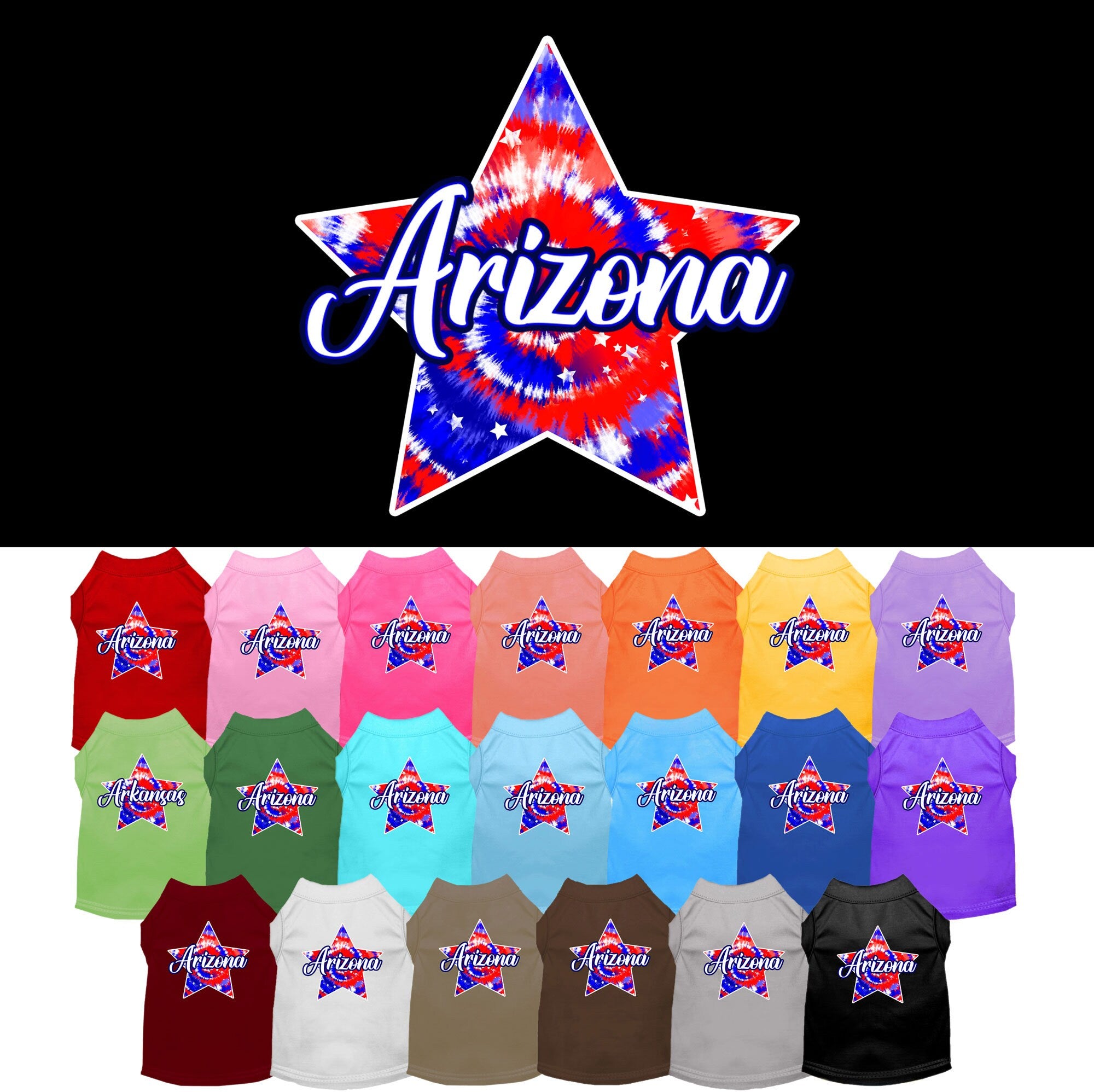 A medium to large pet wearing a colorful Arizona Patriotic Tie Dye shirt, showcasing a vibrant design perfect for stylish pets.