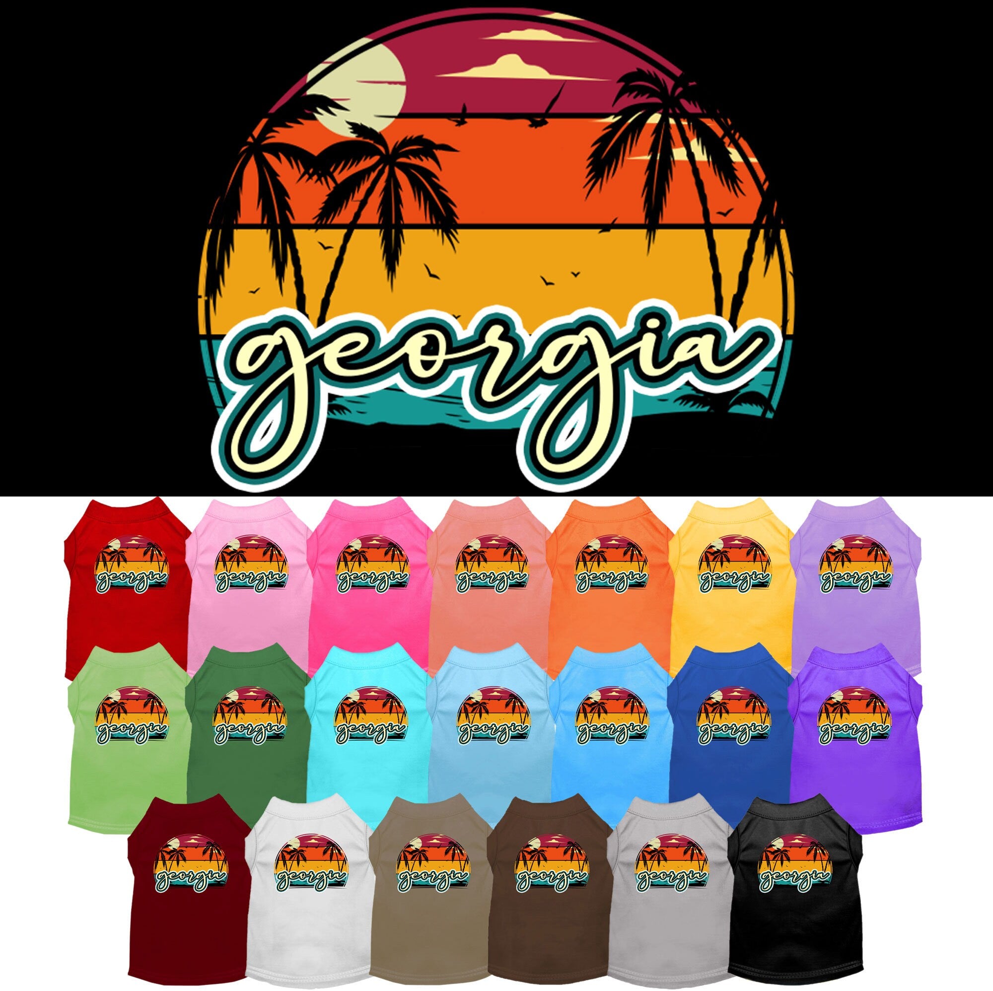 A medium to large pet wearing a soft, screen printed shirt featuring a vibrant Georgia Retro Beach Sunset design.