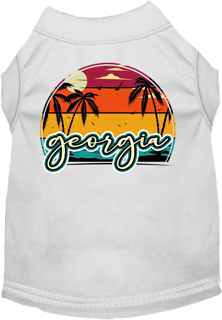 A medium to large pet wearing a soft, screen printed shirt featuring a vibrant Georgia Retro Beach Sunset design.