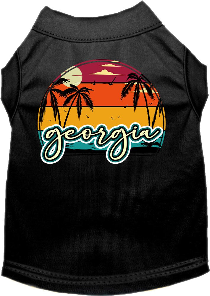 A medium to large pet wearing a soft, screen printed shirt featuring a vibrant Georgia Retro Beach Sunset design.