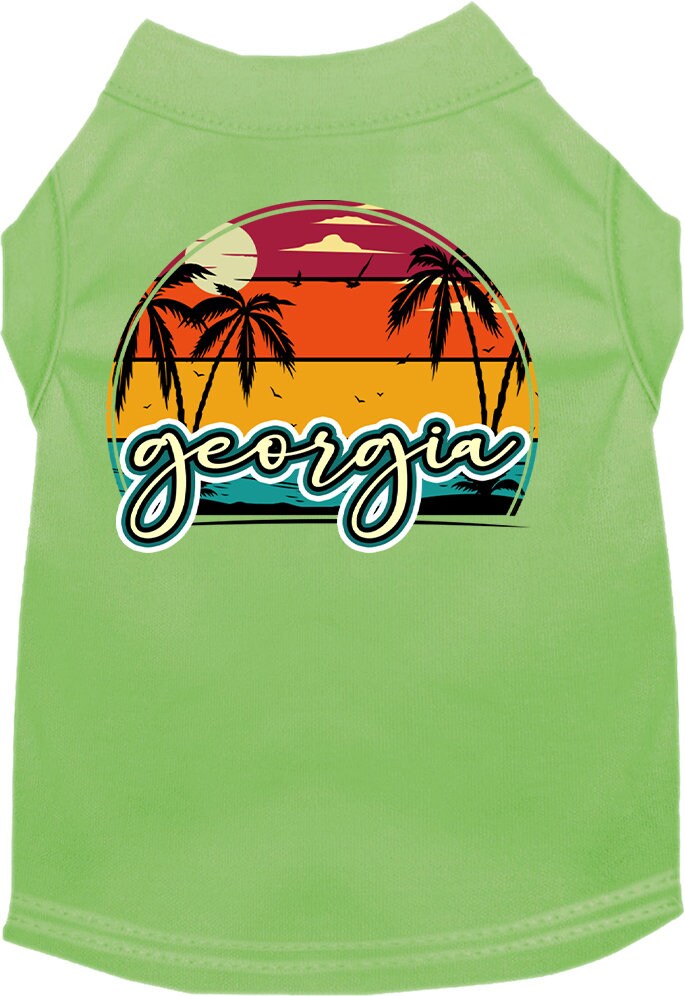 A medium to large pet wearing a soft, screen printed shirt featuring a vibrant Georgia Retro Beach Sunset design.
