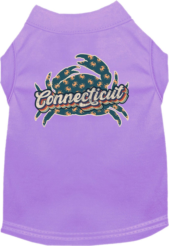 A medium to large pet wearing a soft, comfy screen printed shirt featuring a colorful 'Connecticut Retro Crabs' design.