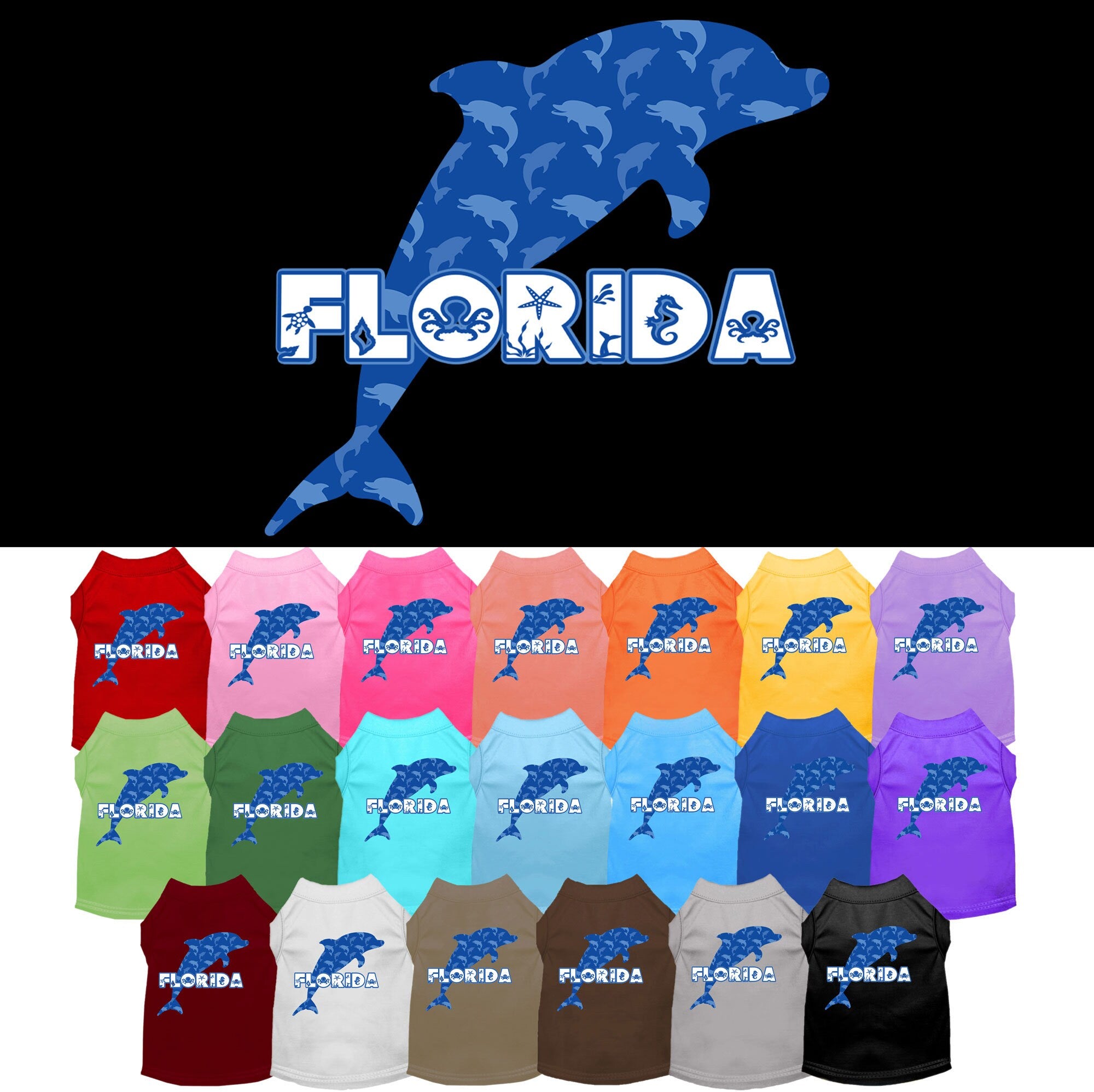 A soft and comfy screen printed shirt for medium to large pets featuring a vibrant Florida Blue Dolphins design.