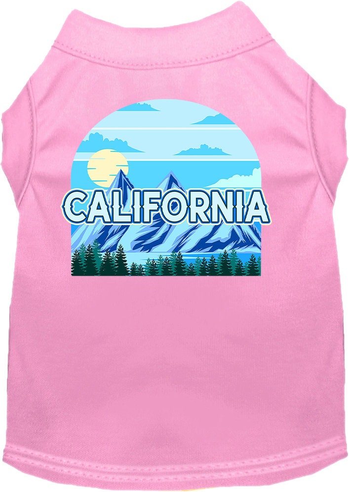 A medium to large pet wearing a stylish screen printed shirt with a California Trailblazer design, showcasing comfort and durability.
