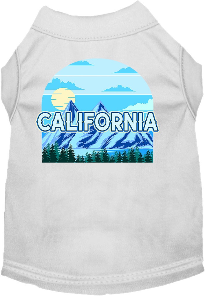 A medium to large pet wearing a stylish screen printed shirt with a California Trailblazer design, showcasing comfort and durability.