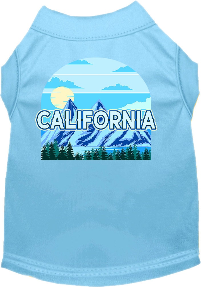A medium to large pet wearing a stylish screen printed shirt with a California Trailblazer design, showcasing comfort and durability.