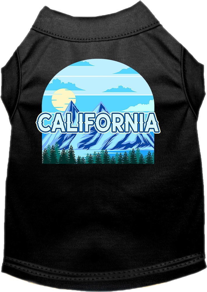 A medium to large pet wearing a stylish screen printed shirt with a California Trailblazer design, showcasing comfort and durability.