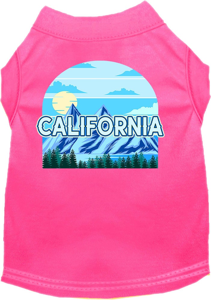 A medium to large pet wearing a stylish screen printed shirt with a California Trailblazer design, showcasing comfort and durability.