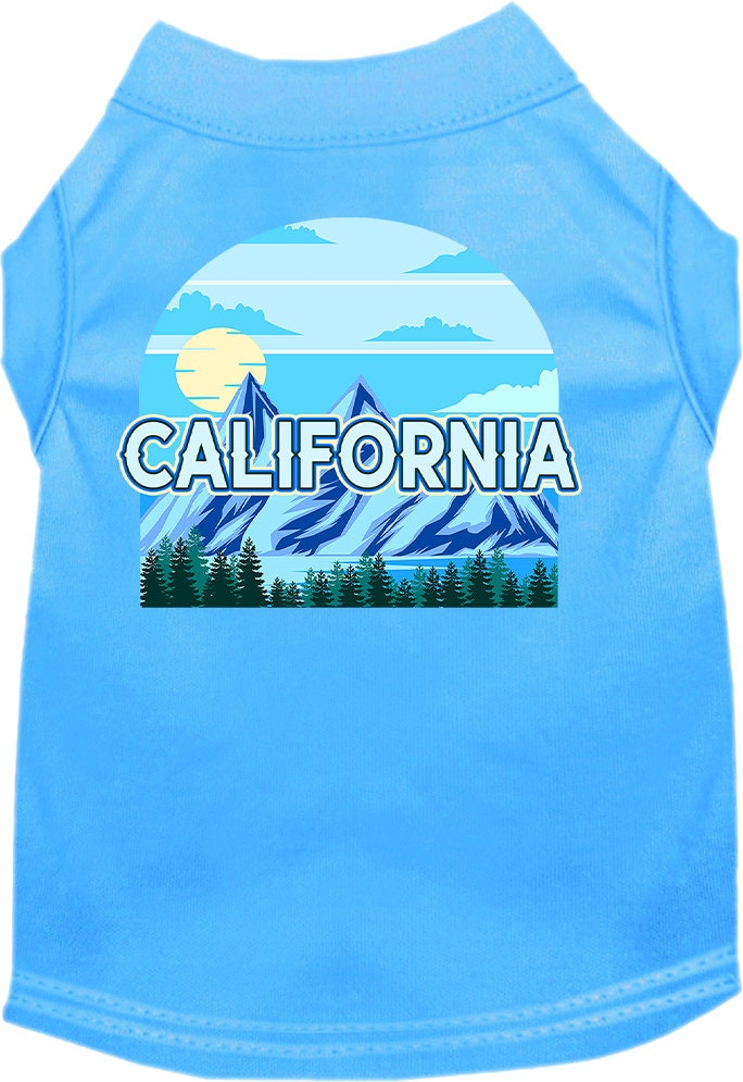 A medium to large pet wearing a stylish screen printed shirt with a California Trailblazer design, showcasing comfort and durability.