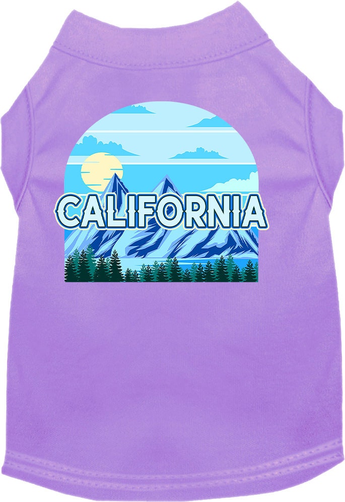 A medium to large pet wearing a stylish screen printed shirt with a California Trailblazer design, showcasing comfort and durability.