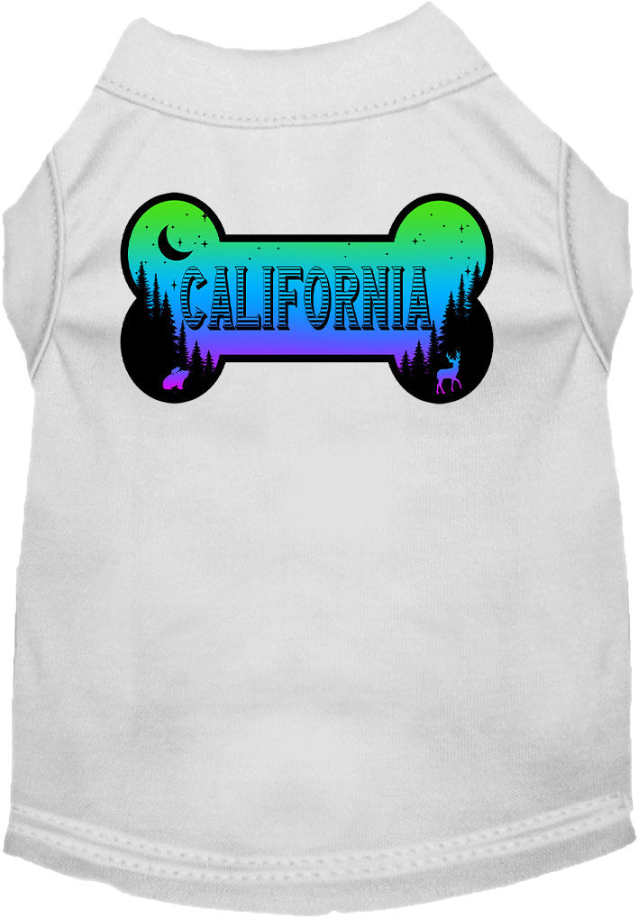 A medium to large pet wearing a stylish screen printed shirt with a California Mountain Shades design, showcasing comfort and durability.