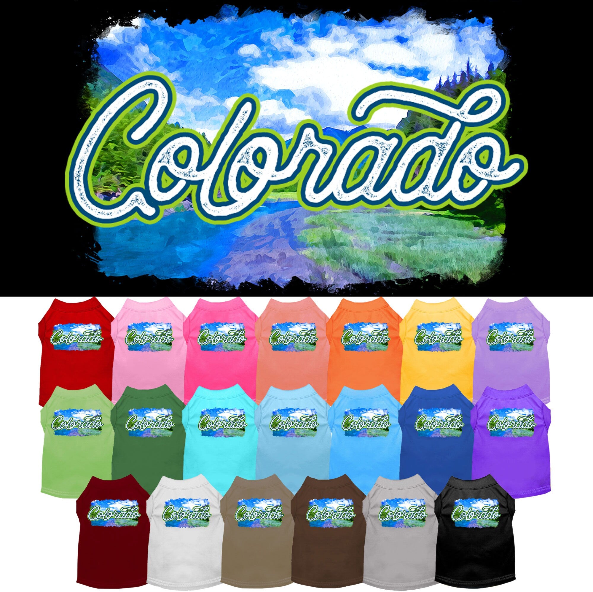 A medium to large pet wearing a soft, comfy screen printed shirt with a 'Colorado Summer' design, showcasing its vibrant colors and stylish fit.