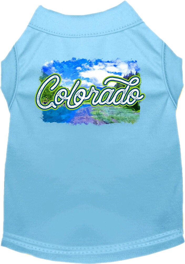 A medium to large pet wearing a soft, comfy screen printed shirt with a 'Colorado Summer' design, showcasing its vibrant colors and stylish fit.
