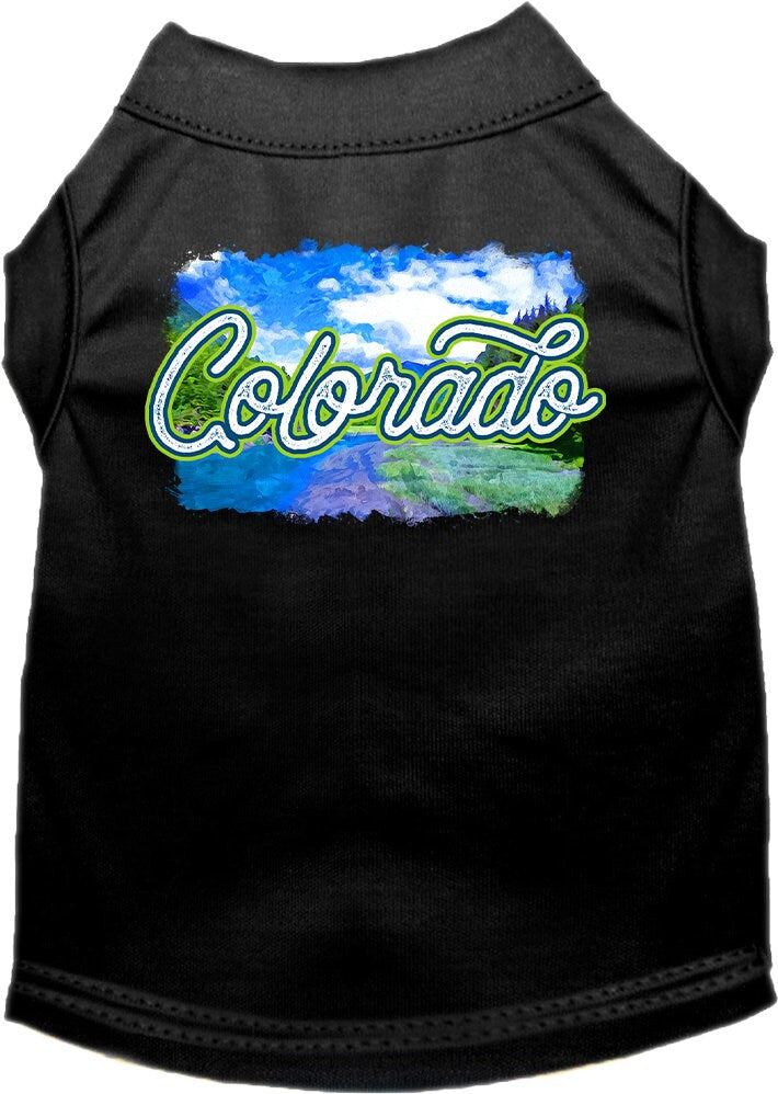 A medium to large pet wearing a soft, comfy screen printed shirt with a 'Colorado Summer' design, showcasing its vibrant colors and stylish fit.
