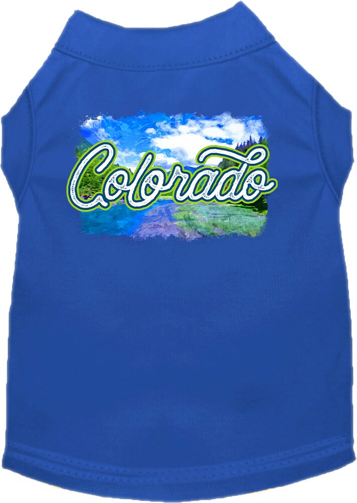 A medium to large pet wearing a soft, comfy screen printed shirt with a 'Colorado Summer' design, showcasing its vibrant colors and stylish fit.