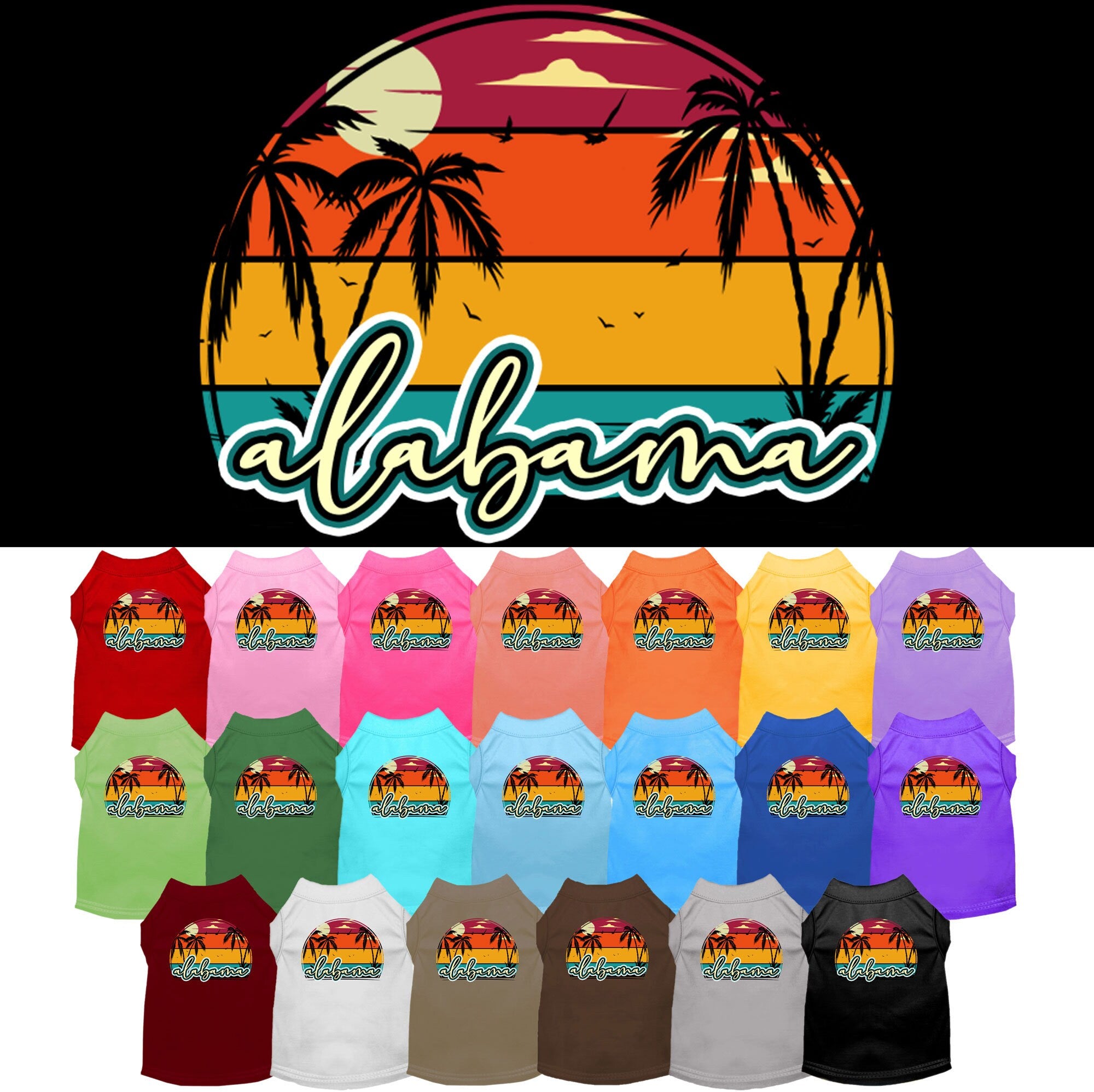 A medium to large pet wearing a soft, comfy screen printed shirt featuring an Alabama retro beach sunset design.