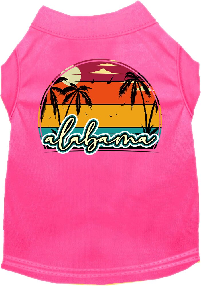 A medium to large pet wearing a soft, comfy screen printed shirt featuring an Alabama retro beach sunset design.