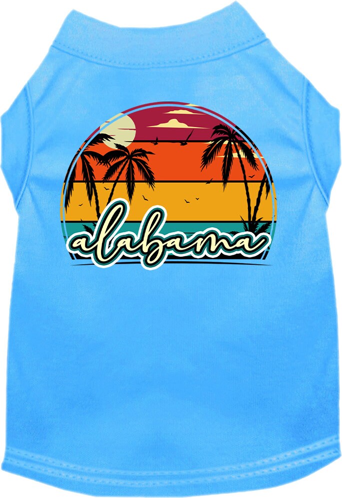 A medium to large pet wearing a soft, comfy screen printed shirt featuring an Alabama retro beach sunset design.