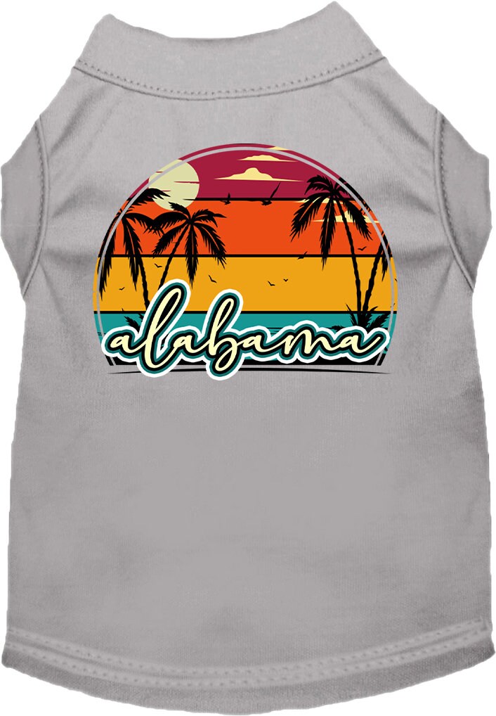 A medium to large pet wearing a soft, comfy screen printed shirt featuring an Alabama retro beach sunset design.