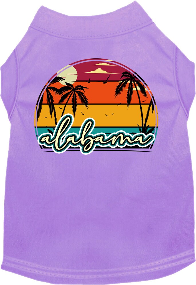 A medium to large pet wearing a soft, comfy screen printed shirt featuring an Alabama retro beach sunset design.