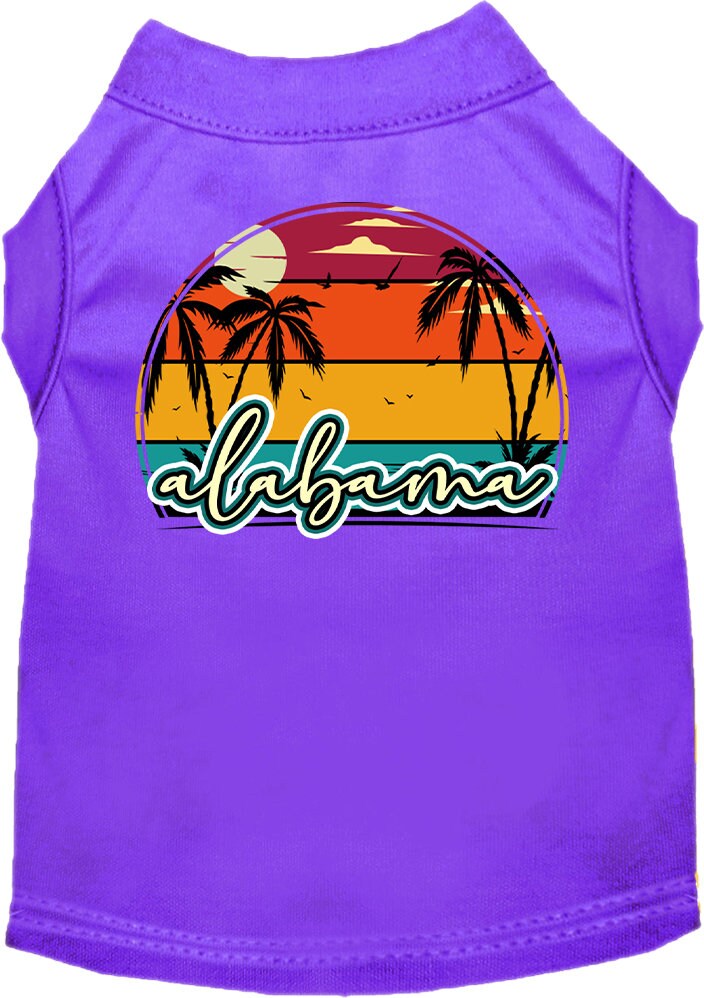 A medium to large pet wearing a soft, comfy screen printed shirt featuring an Alabama retro beach sunset design.