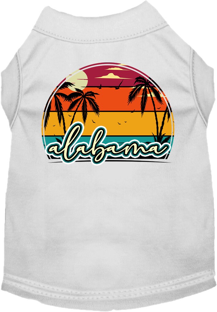 A medium to large pet wearing a soft, comfy screen printed shirt featuring an Alabama retro beach sunset design.