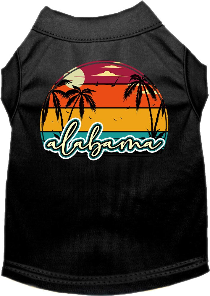 A medium to large pet wearing a soft, comfy screen printed shirt featuring an Alabama retro beach sunset design.