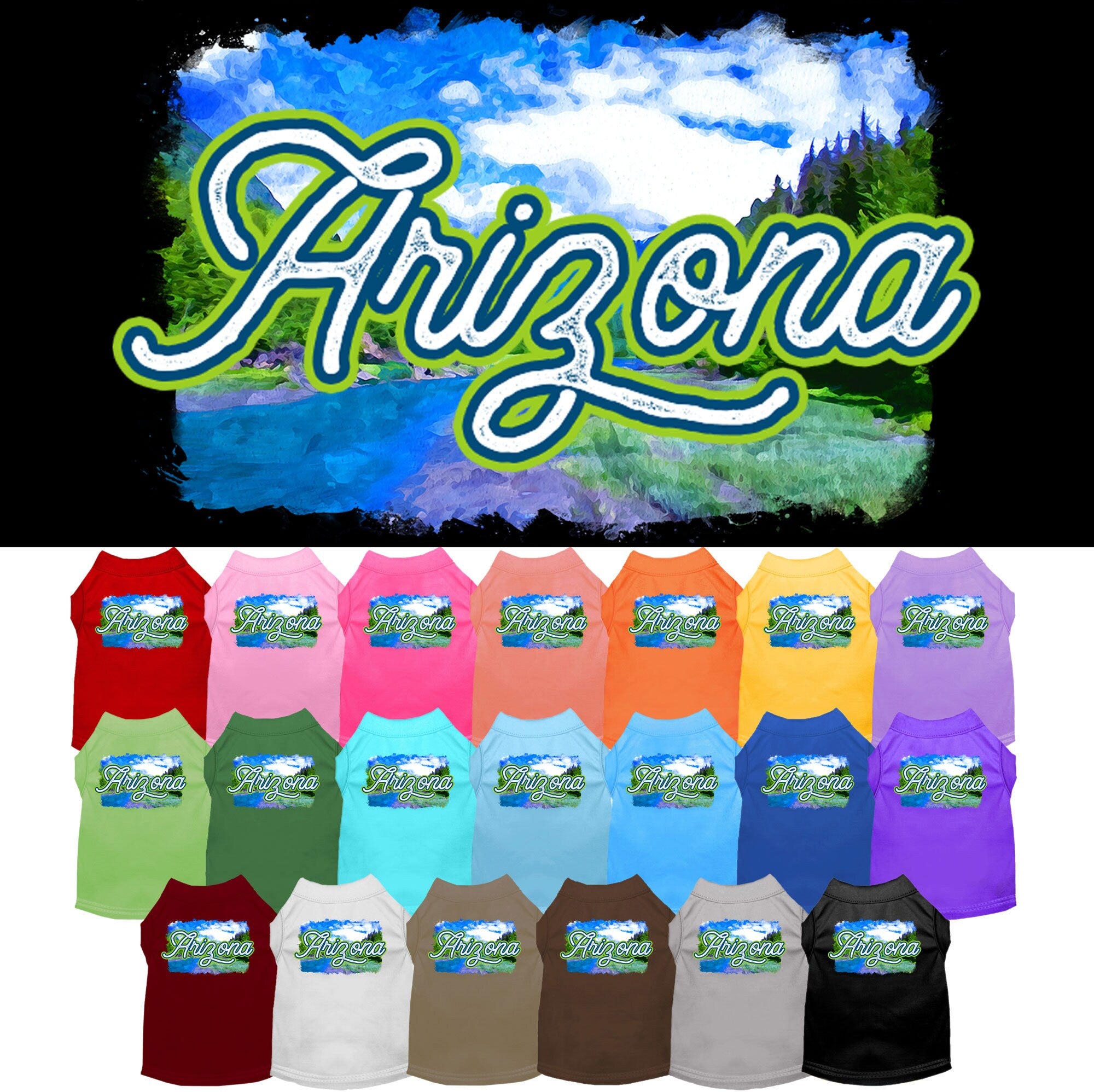 A medium to large pet wearing a soft, screen printed shirt with an 'Arizona Summer' design, showcasing vibrant colors and a comfortable fit.