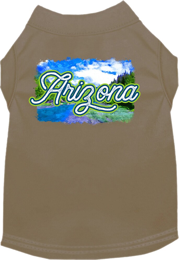 A medium to large pet wearing a soft, screen printed shirt with an 'Arizona Summer' design, showcasing vibrant colors and a comfortable fit.