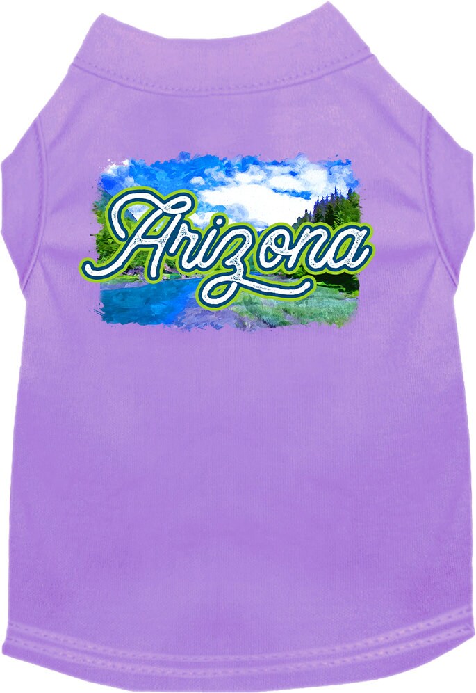 A medium to large pet wearing a soft, screen printed shirt with an 'Arizona Summer' design, showcasing vibrant colors and a comfortable fit.