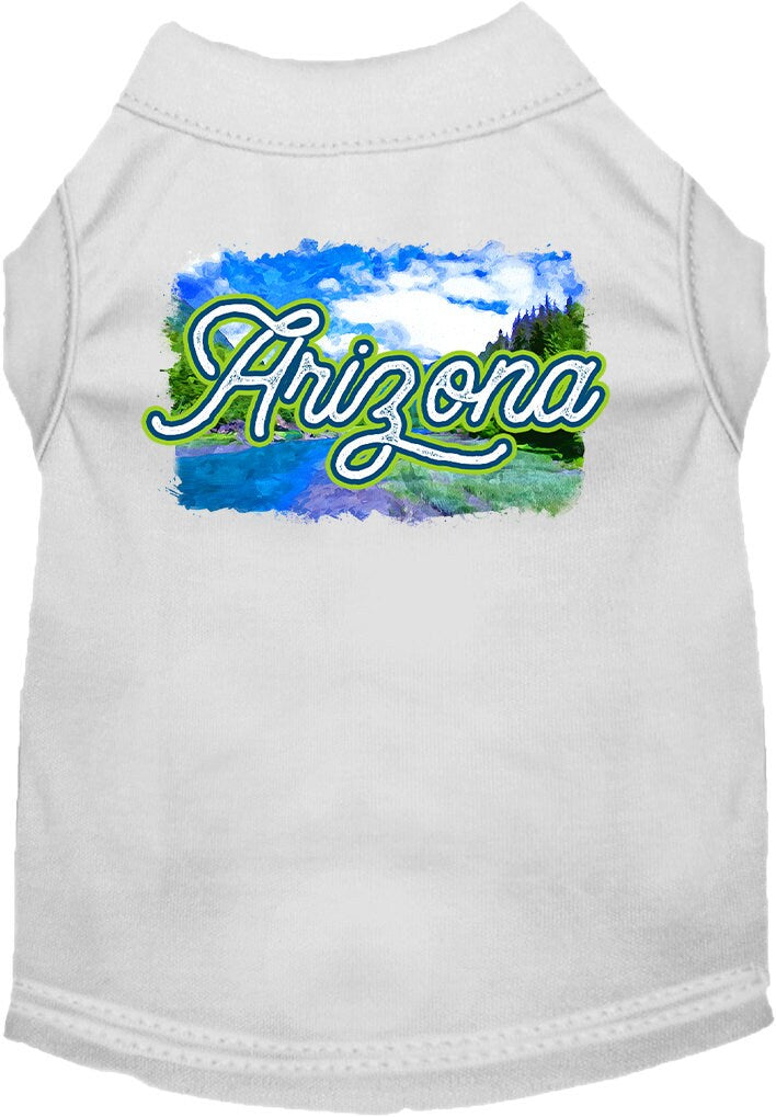 A medium to large pet wearing a soft, screen printed shirt with an 'Arizona Summer' design, showcasing vibrant colors and a comfortable fit.