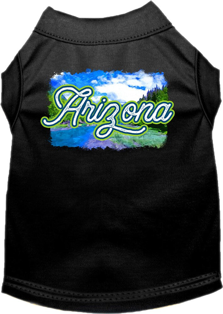 A medium to large pet wearing a soft, screen printed shirt with an 'Arizona Summer' design, showcasing vibrant colors and a comfortable fit.