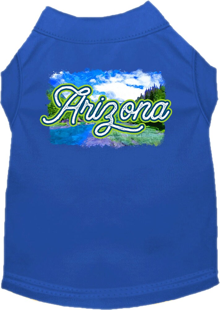 A medium to large pet wearing a soft, screen printed shirt with an 'Arizona Summer' design, showcasing vibrant colors and a comfortable fit.