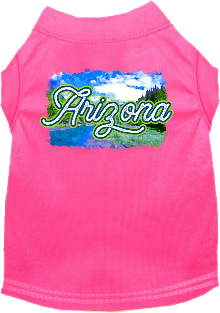 A medium to large pet wearing a soft, screen printed shirt with an 'Arizona Summer' design, showcasing vibrant colors and a comfortable fit.