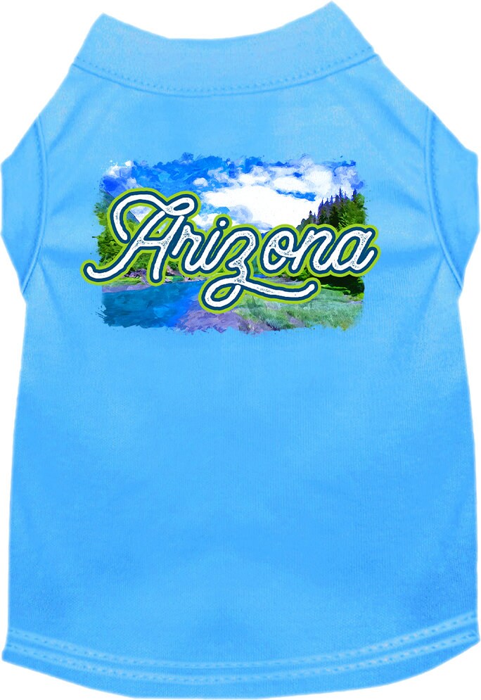 A medium to large pet wearing a soft, screen printed shirt with an 'Arizona Summer' design, showcasing vibrant colors and a comfortable fit.