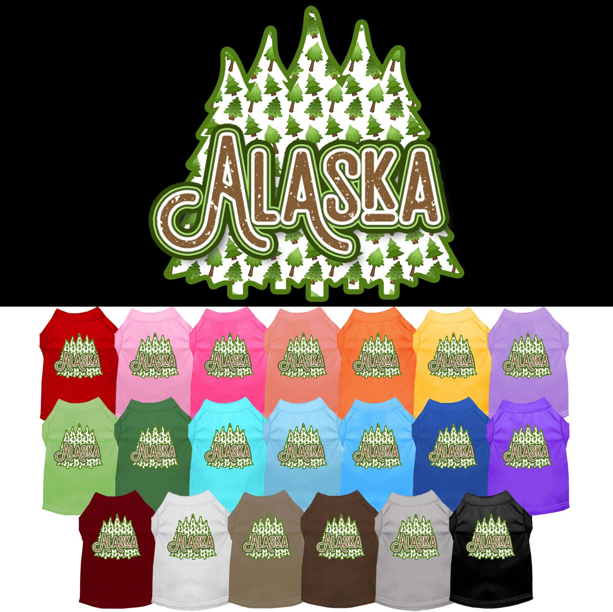 A medium to large pet wearing a soft, screen printed shirt featuring Alaska Woodland Trees design, showcasing comfort and style.
