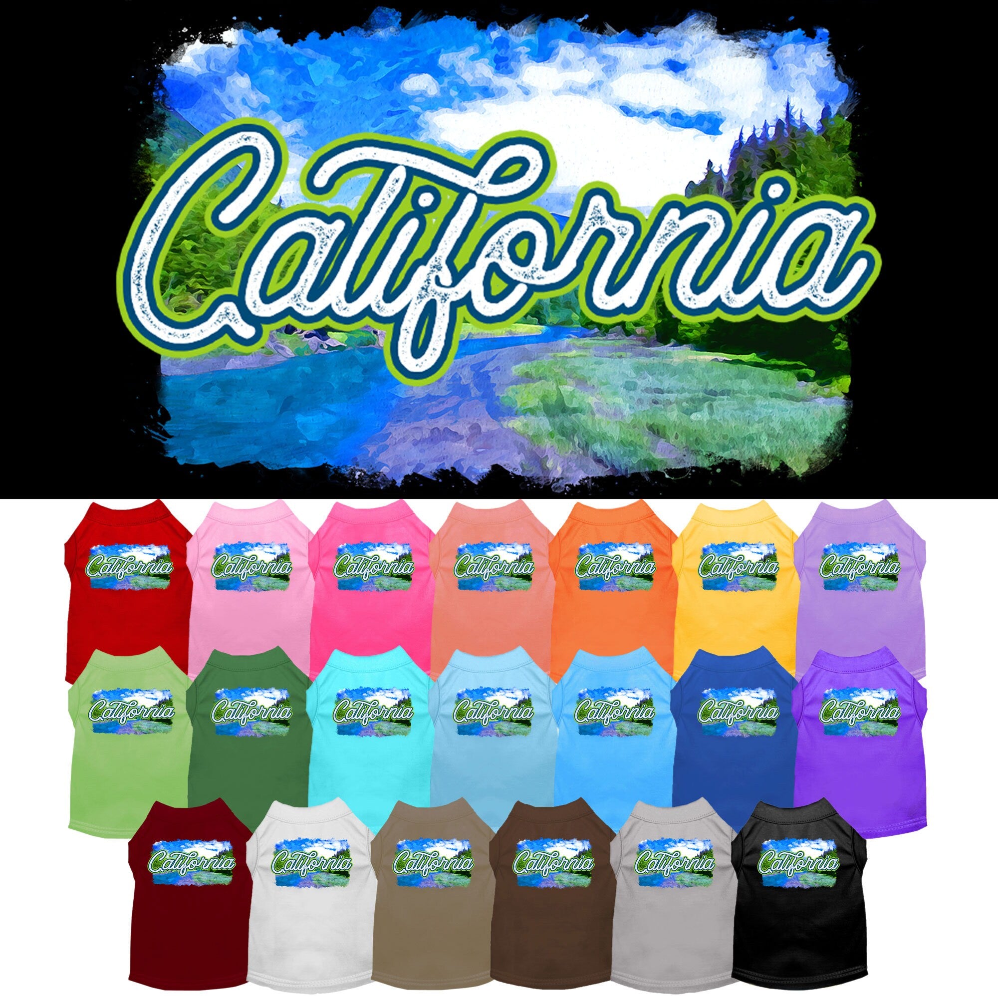 A medium to large pet wearing a soft, screen printed shirt with a vibrant 'California Summer' design, showcasing comfort and style.